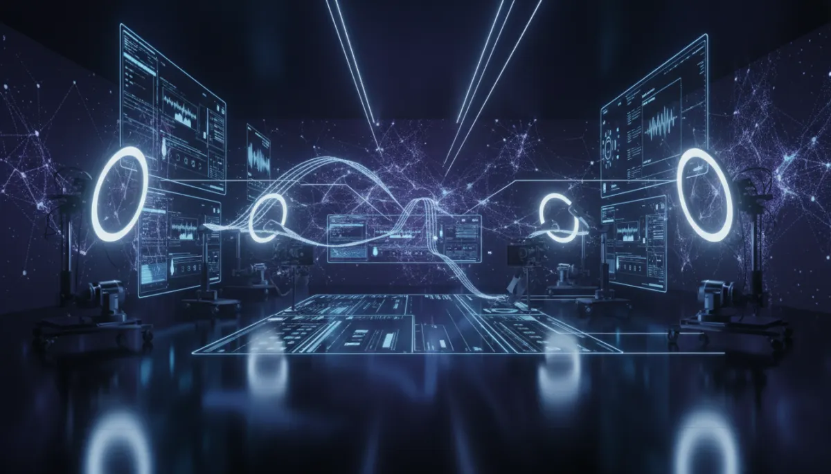 Futuristic AI video production studio with holographic screens and advanced recording equipment, no humans