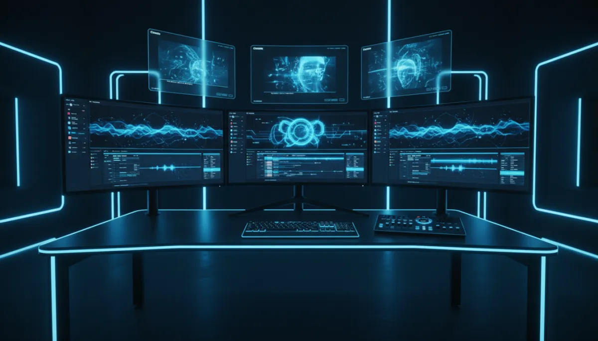 Futuristic AI video production workstation with glowing monitors and holographic displays — AI video creation for small business