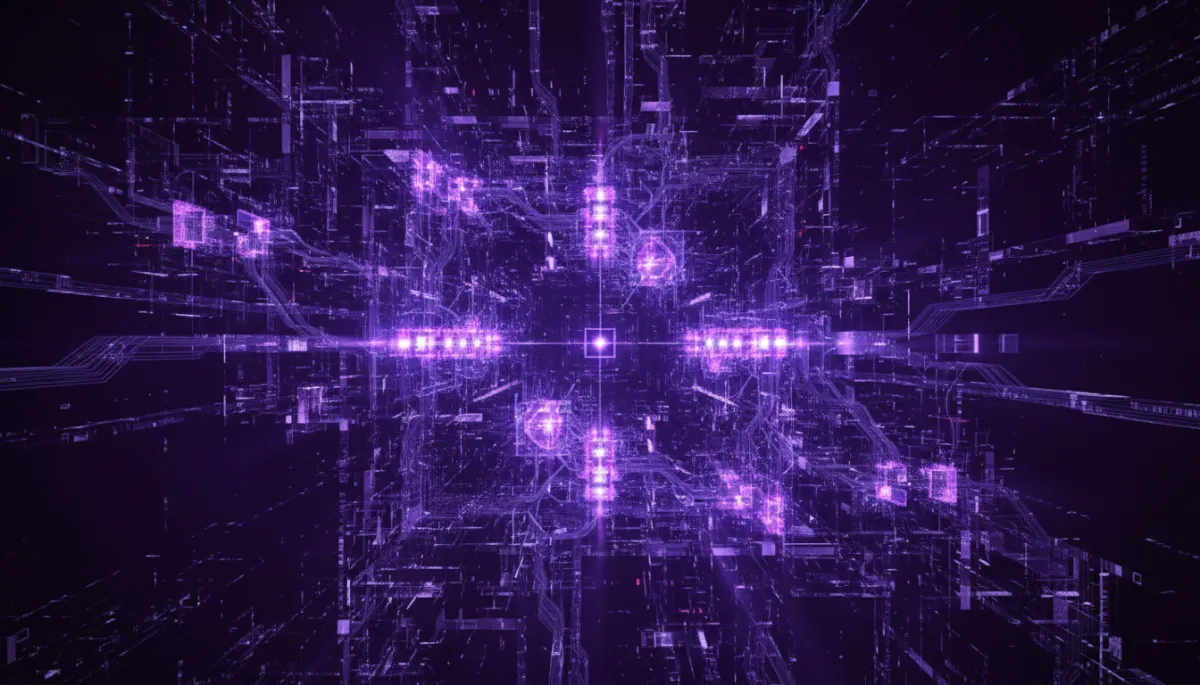 Abstract AI digital neural network deep purple and electric violet visualization