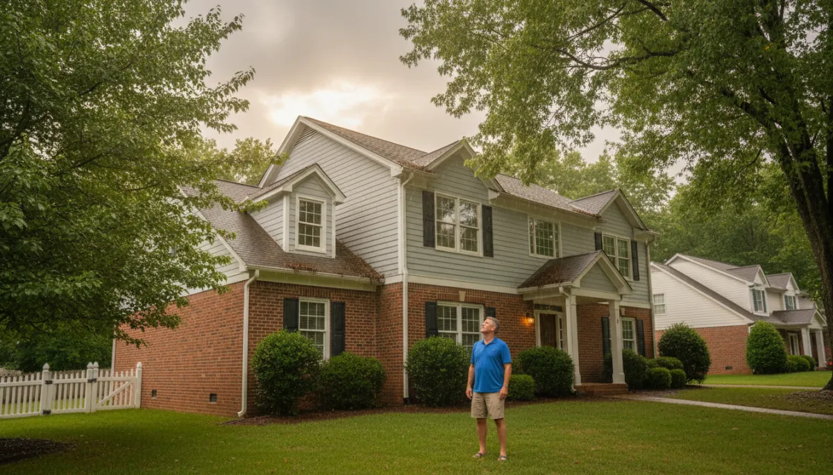 Richmond VA homeowner inspecting home exterior for storm damage after a summer thunderstorm, lush Virginia greenery in background