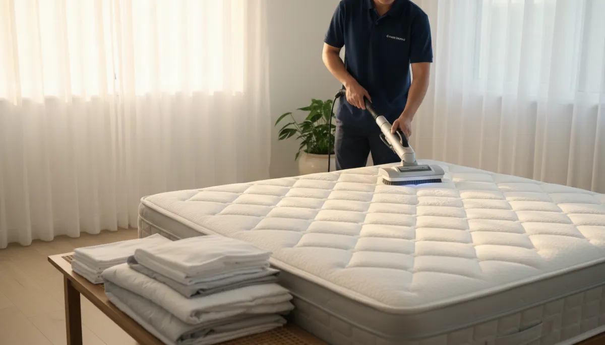Professional mattress cleaning technician removing dust mites and allergens in a bright Hemet CA bedroom