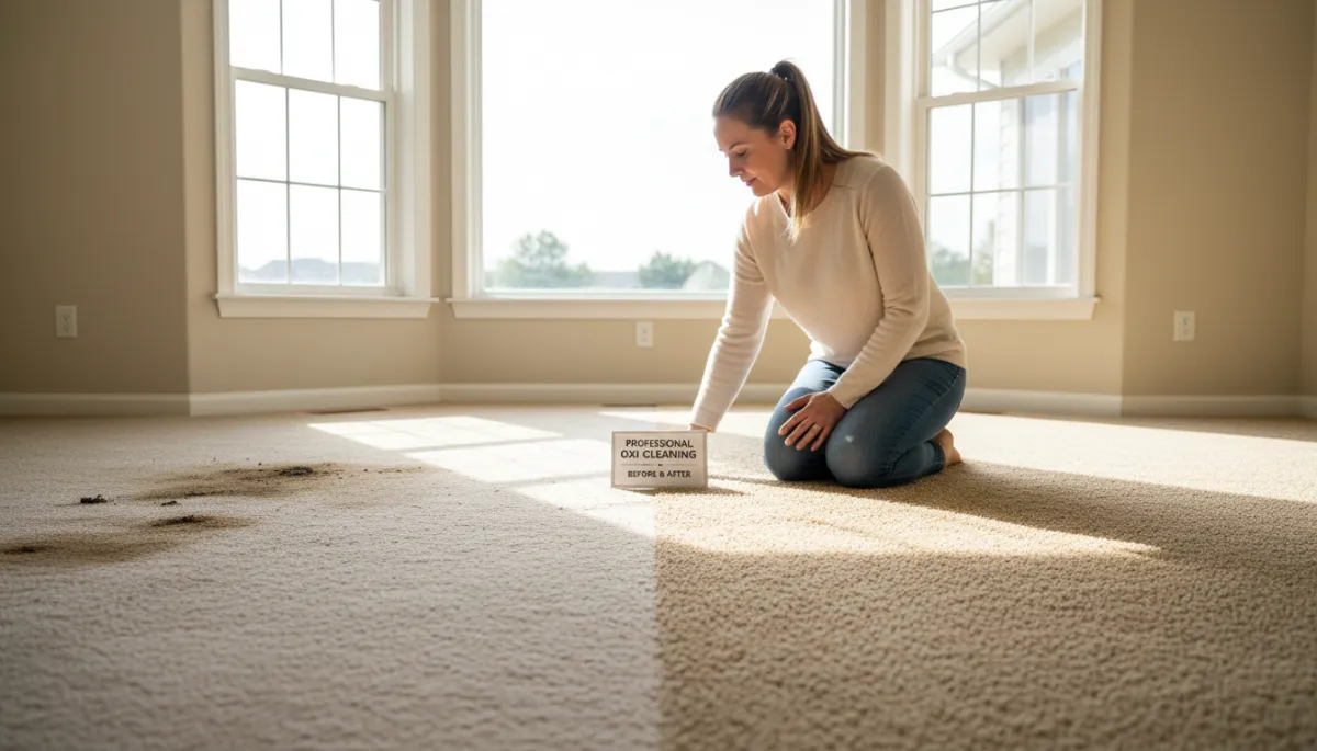 Hemet homeowner comparing worn carpet to freshly cleaned carpet before deciding to replace or restore