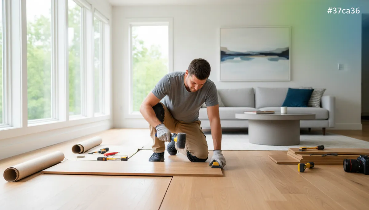 Flooring installation in Hudson MA — America General Services professional installer laying hardwood floors in a residential home