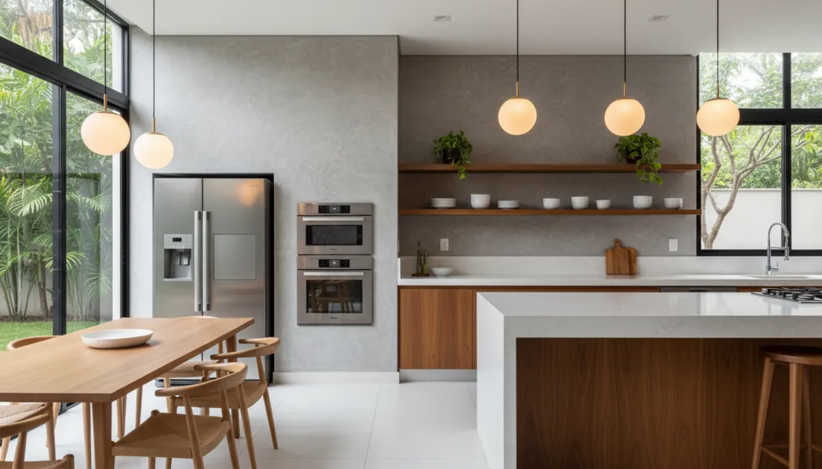 Cozinha moderna com cimento queimado para parede em acabamento aveludado cinza — revestimento decorativo Decor Colors em Espírito Santo do Pinhal