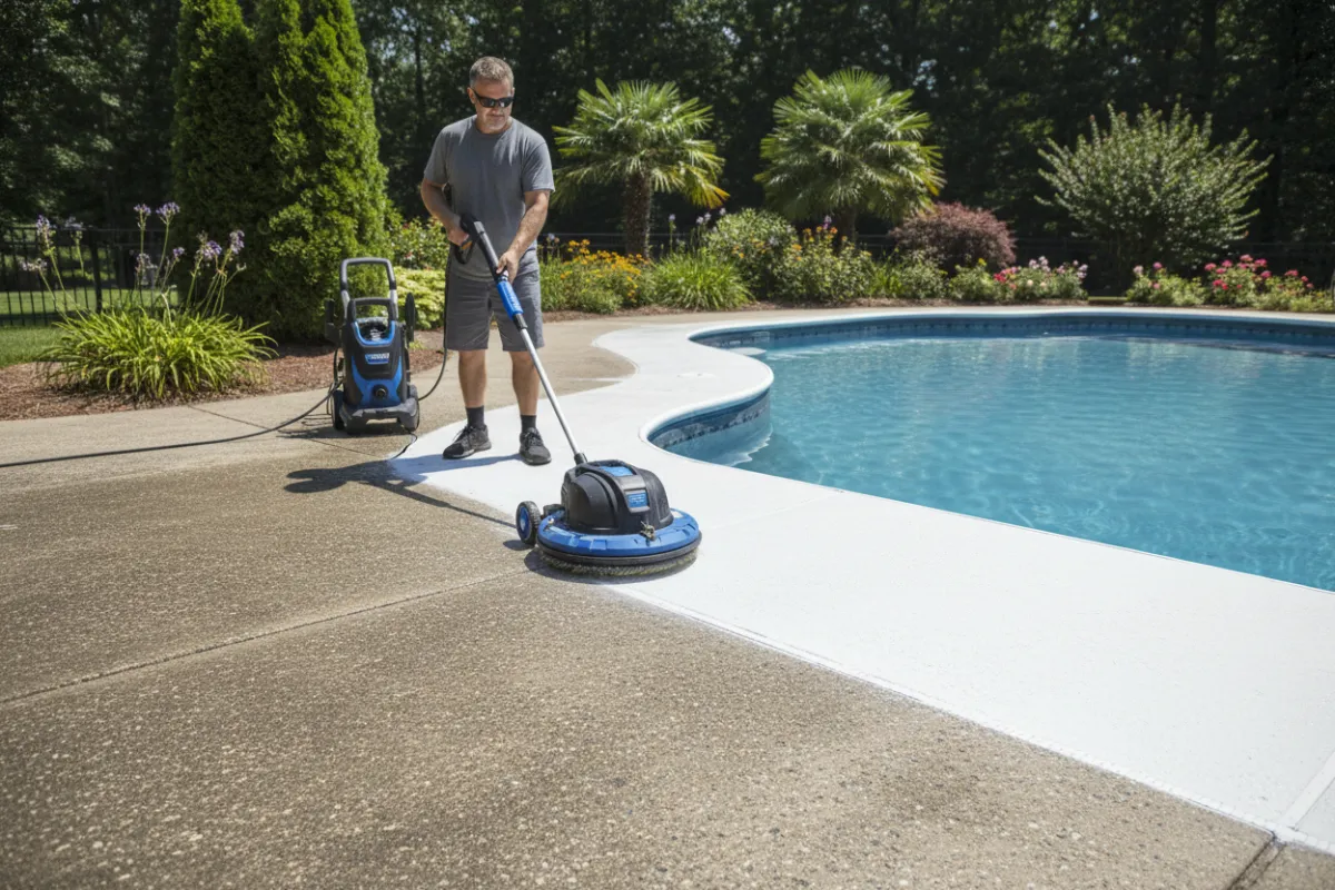 Homeowner using a round surface cleaner attachment on a concrete pool deck in Southern Maryland showing dramatic clean vs dirty contrast