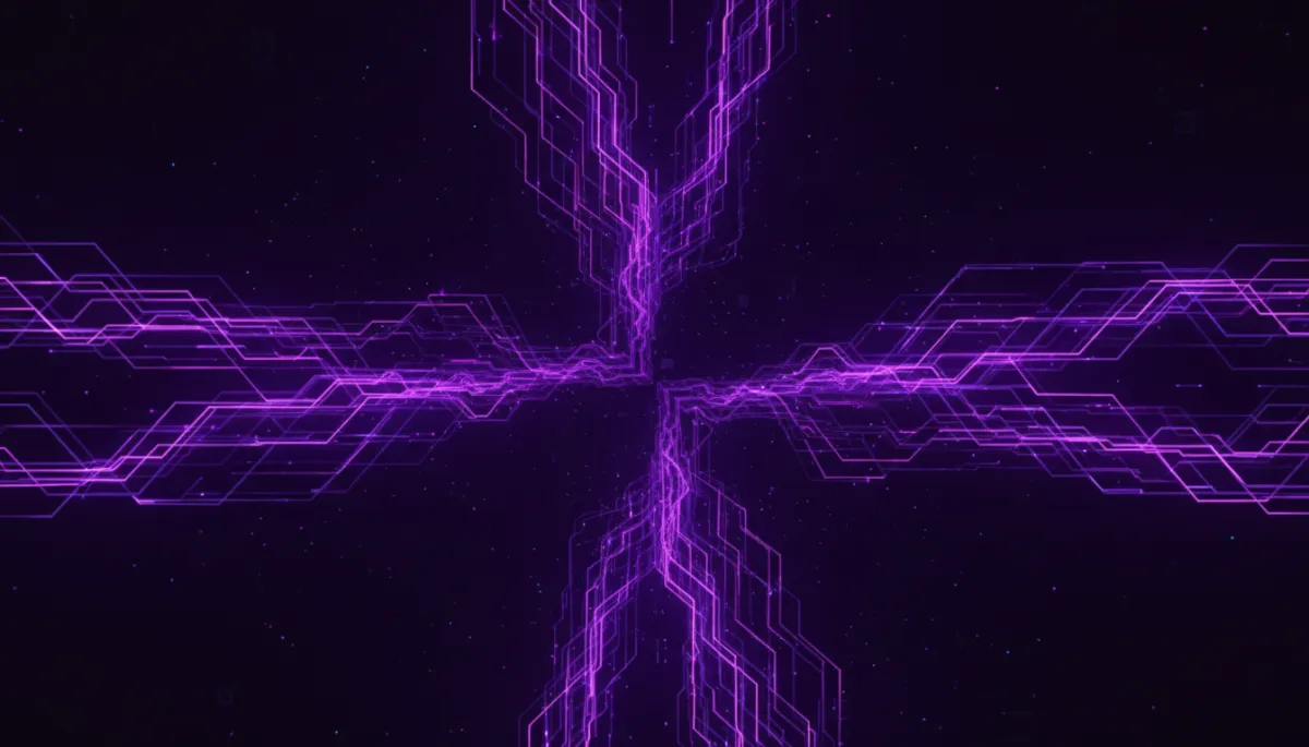 Abstract geometric tech visualization with deep purple and electric violet node network — AI content creation strategy