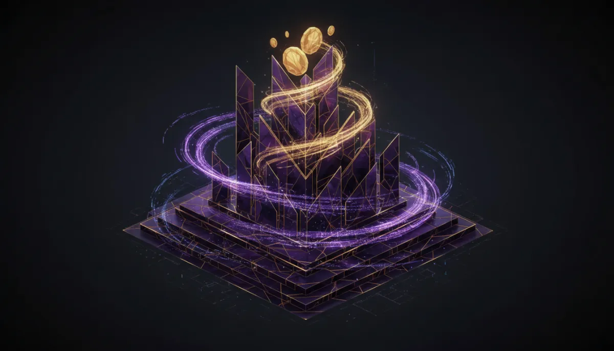 Abstract deep purple digital knowledge-to-currency transformation visualization