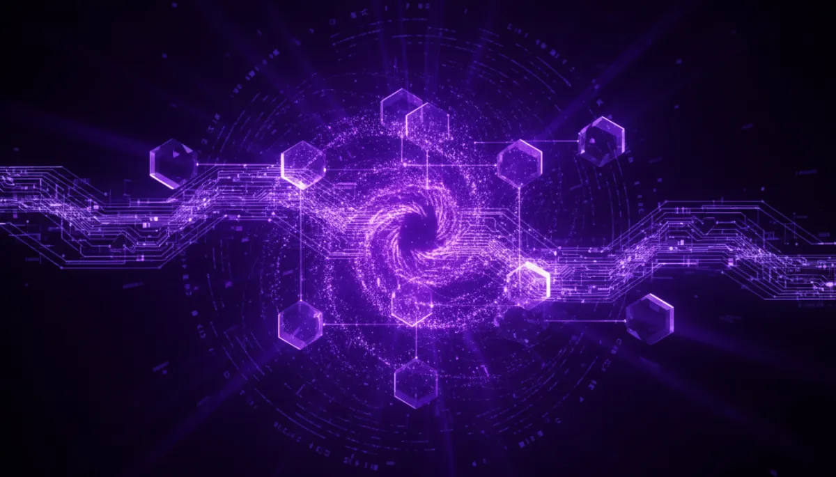 Abstract AI technology visualization — deep purple electric violet geometric data streams for Florida business AI