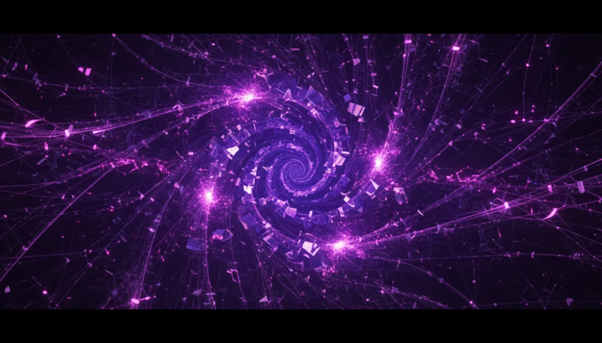 Abstract AI digital landscape with deep purple and electric violet energy streams representing the AI-powered content creation revolution