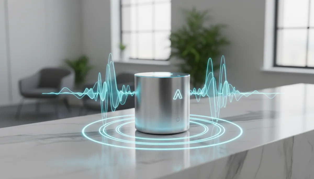 AI voice assistant device on a modern business reception counter with glowing blue light waves