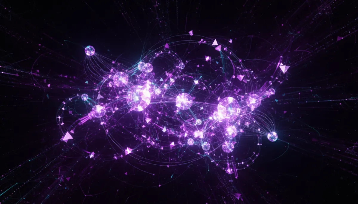 Abstract digital flow visualization β neural network nodes and data streams in deep purple and electric violet