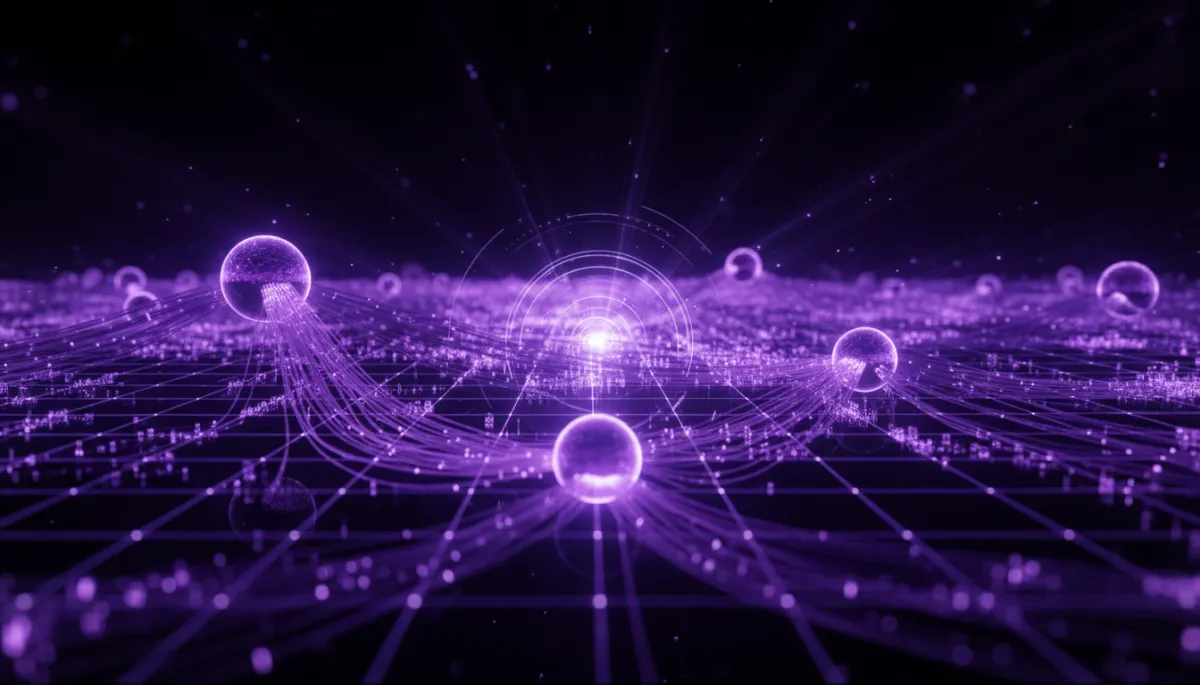 Abstract AI neural network visualization in deep purple and electric violet, representing the transformative power of AI for content creators