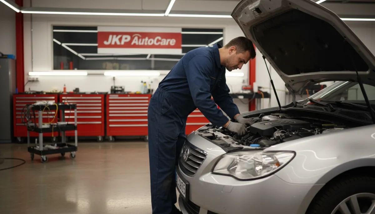 Professional mechanic inspecting under the bonnet of a silver car for JKP AutoCare mobile service Leeds