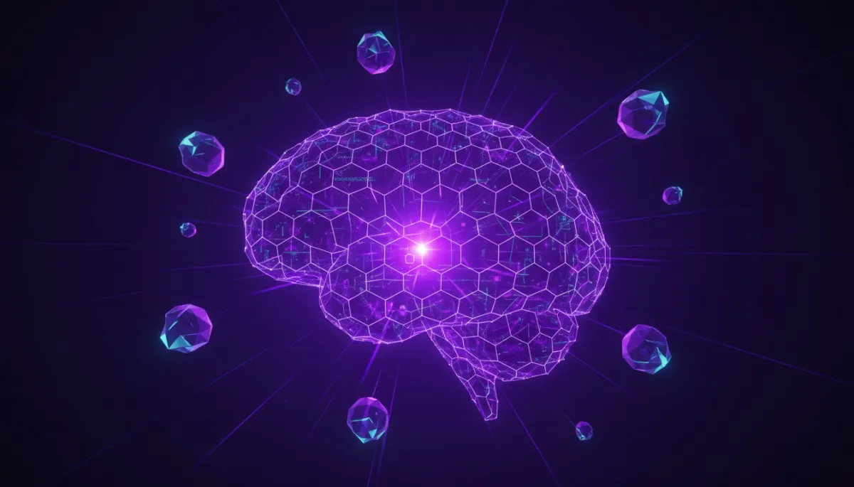 Abstract deep purple digital brain made of glowing geometric hexagons representing expertise and AI for content creators
