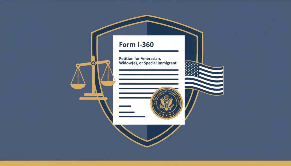 Flat illustration of immigration legal documents, scales of justice, US flag, and protective shield for VAWA self-petition in Texas — IKAR Tax and Investments Inc, Fort Worth