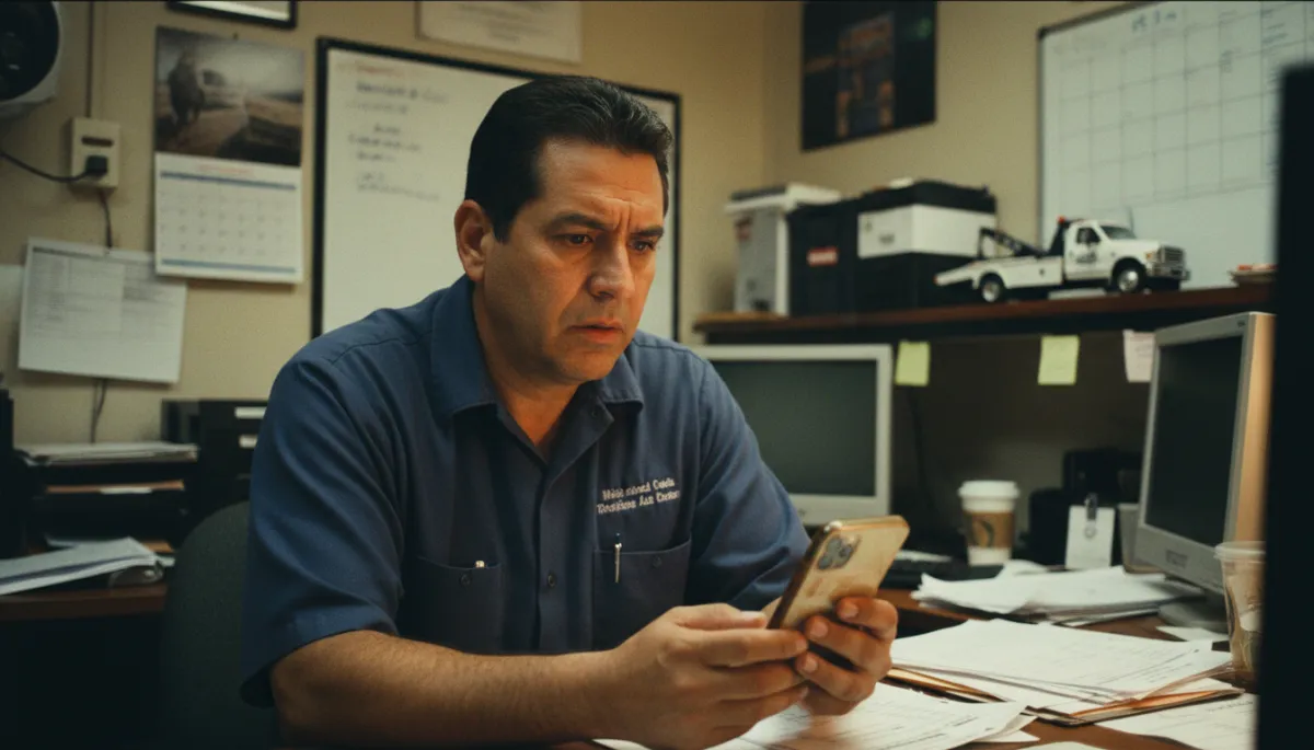 Stressed local business owner staring at phone with 11 missed calls