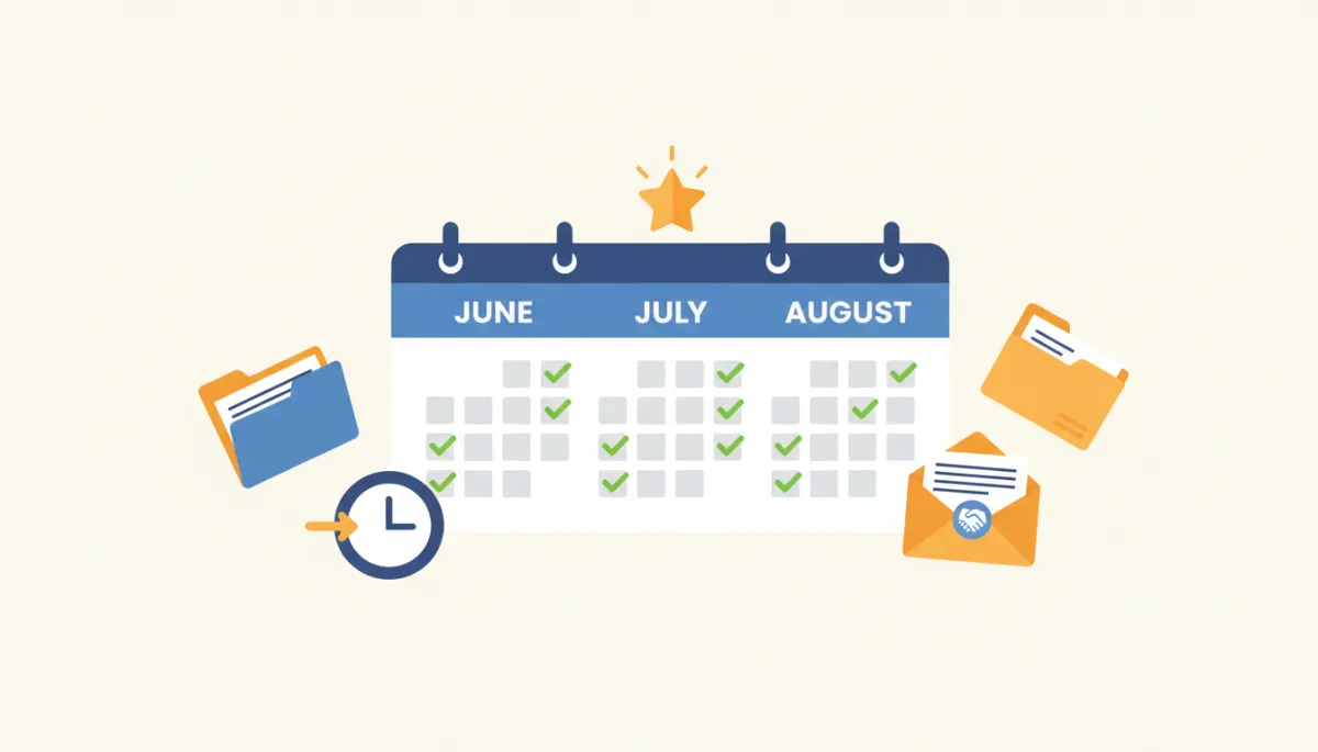Ilustración plana de calendario de verano con íconos de documentos migratorios y trámites para familias inmigrantes en Fort Worth Texas