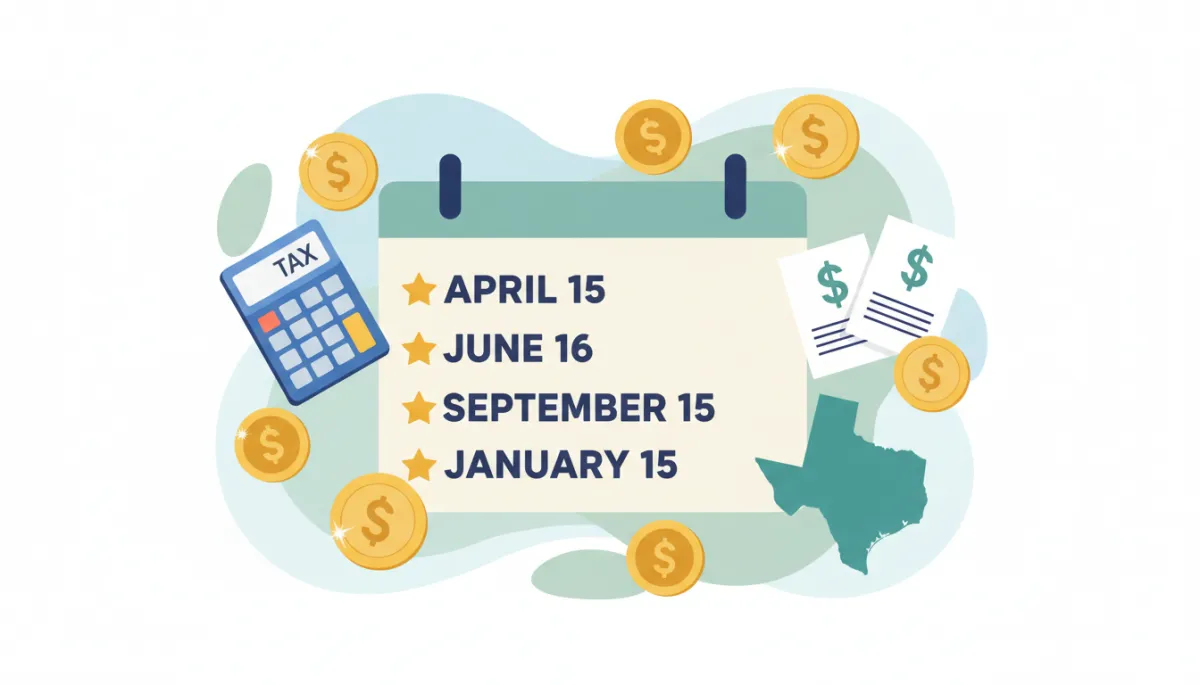 Quarterly tax deadlines calendar with coins, calculator, and Texas state outline flat illustration