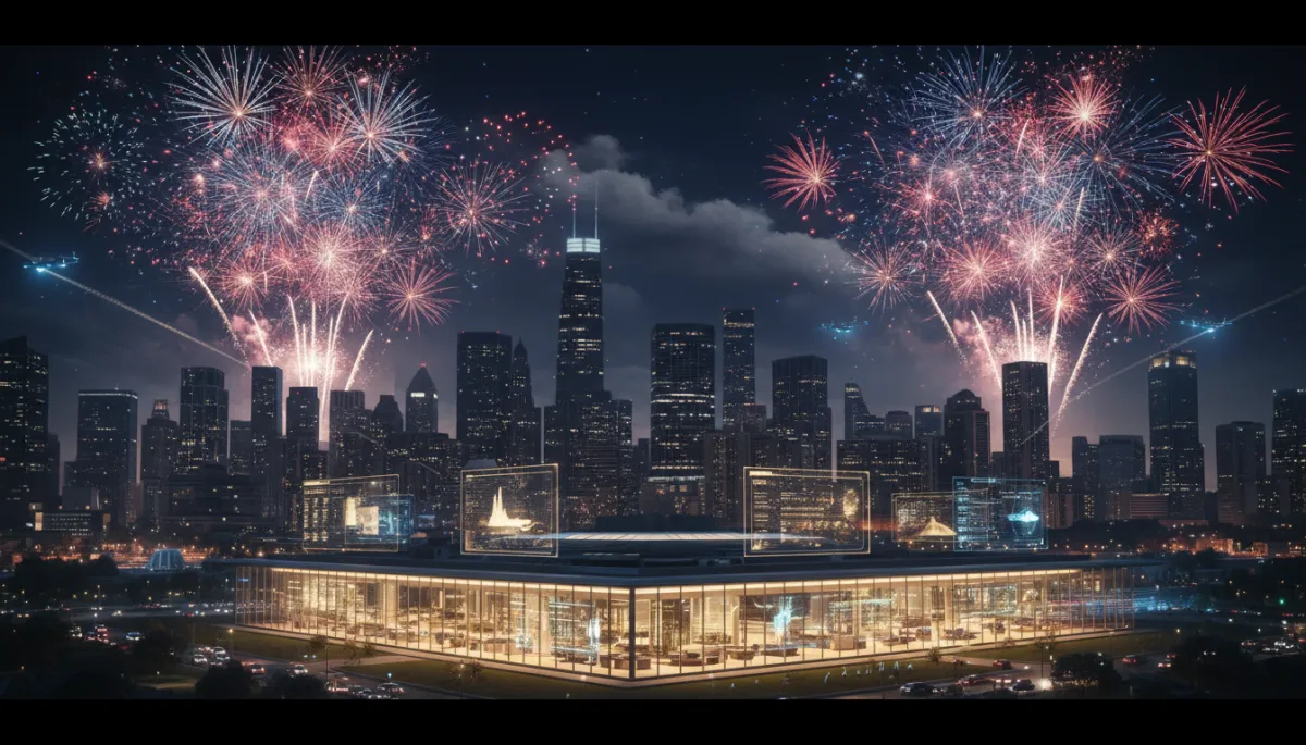 4th of July fireworks over city skyline with glowing AI command center visible through windows representing the upgraded American Dream