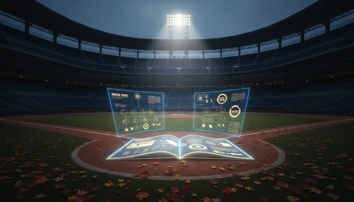 Empty baseball stadium in autumn with spotlight on home plate where a glowing AI blueprint rests open, championship energy in the quiet