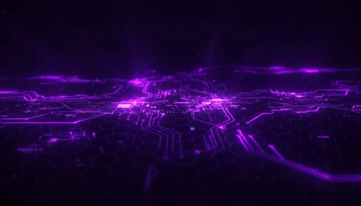Abstract AI tech visualization with deep purple and electric violet digital network patterns