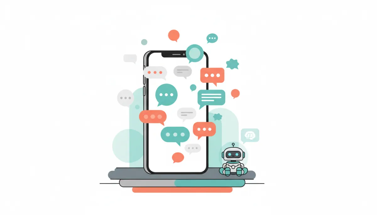 Flat design illustration of smartphone with colorful AI chat bubbles and friendly AI robot icon responding to messages