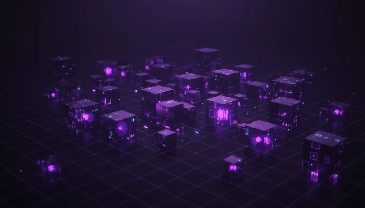 Abstract floating knowledge cubes glowing violet digital art