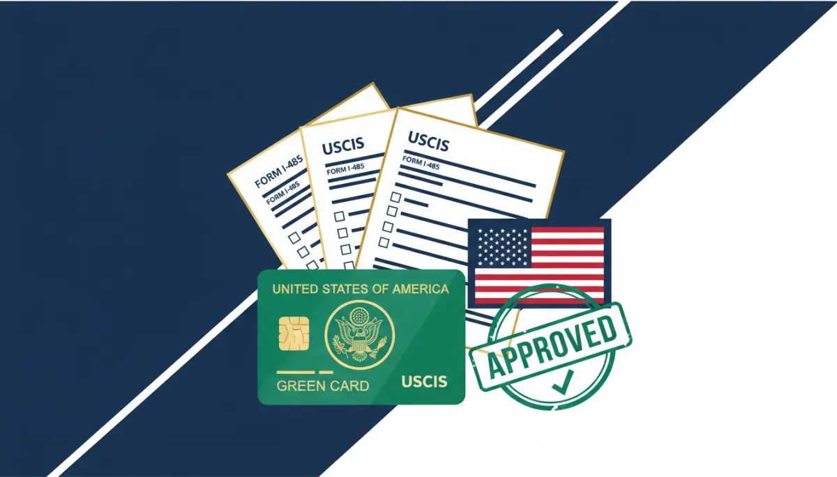 Flat illustration of official immigration documents, green card, US flag icon, and approval stamp representing Adjustment of Status in Texas