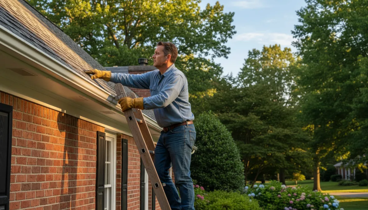 Richmond VA homeowner inspecting and maintaining their asphalt shingle roof on a bright sunny day, lush Virginia trees in background
