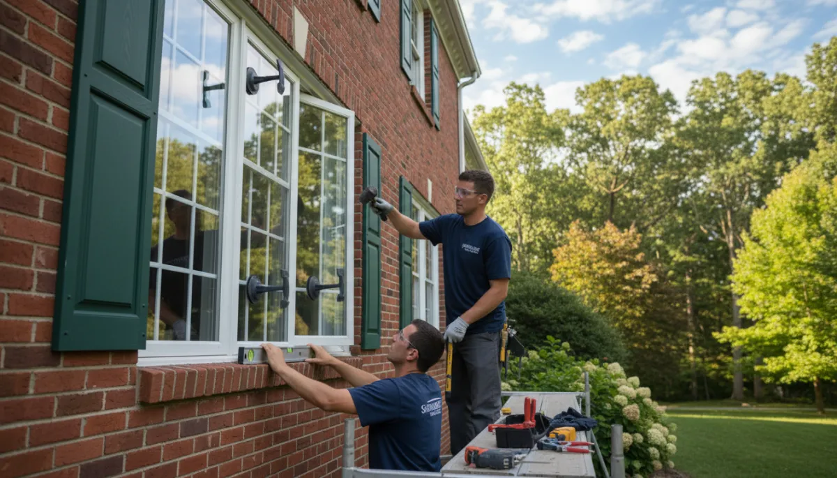 Professional window installer fitting new energy-efficient double-pane windows on an Eastern Shore Maryland home