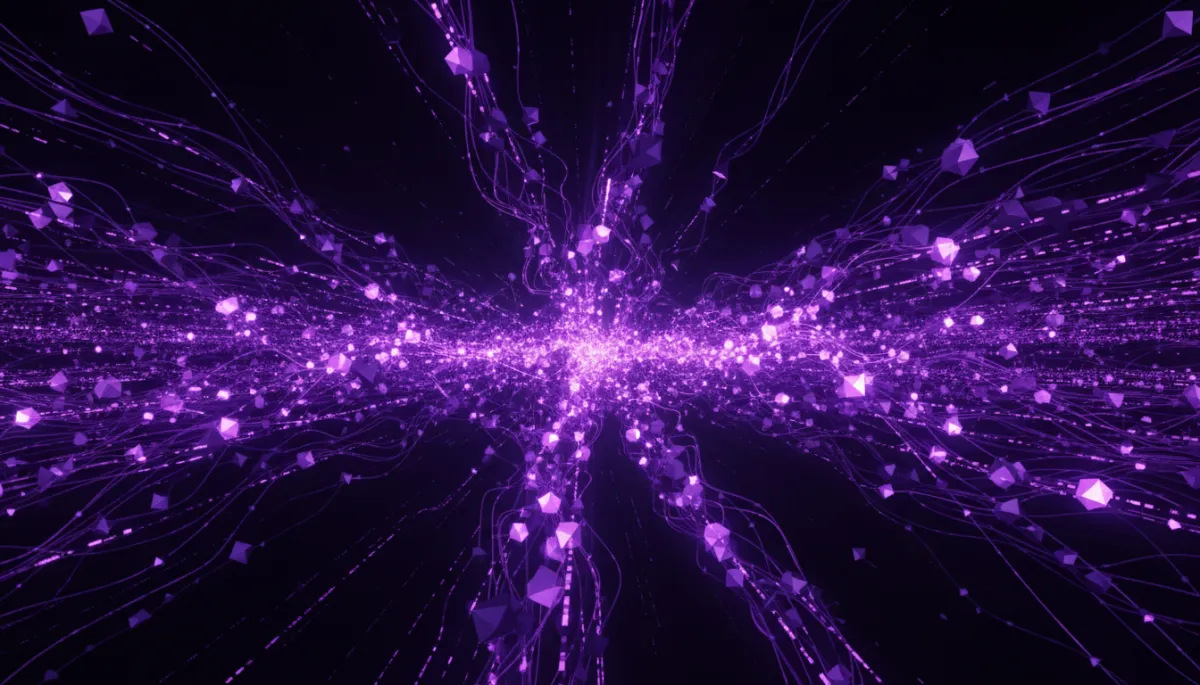 Abstract AI neural network lattice in deep purple and electric violet — the creator AI landscape 2026