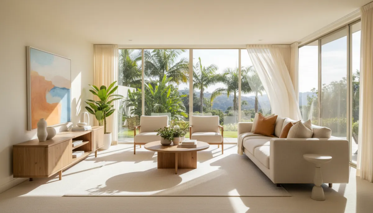Bright, clean California living room with fresh allergen-free carpet after professional Oxi carpet cleaning in Murrieta CA