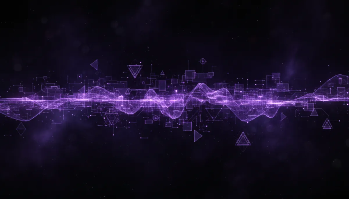 Abstract deep purple and electric violet digital circuit patterns flowing into luminous data streams — AI technology visualization