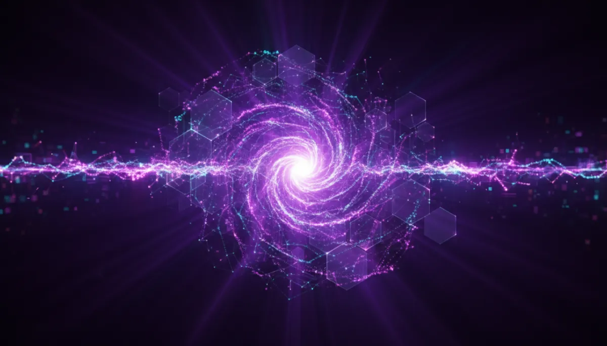 Abstract AI neural network data flow visualization with deep purple and electric violet digital streams