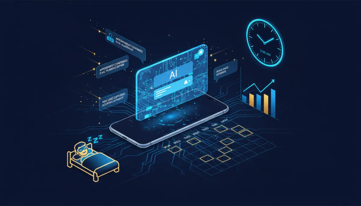 AI chatbot interface on a smartphone booking appointments at 2am for a local service business while the owner sleeps with a calendar filling automatically