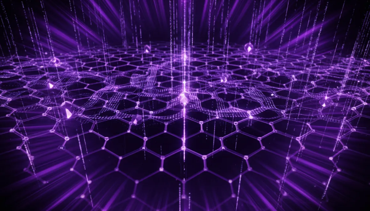 Abstract digital geometric art in deep purple and electric violet β AI content creation strategy visualization