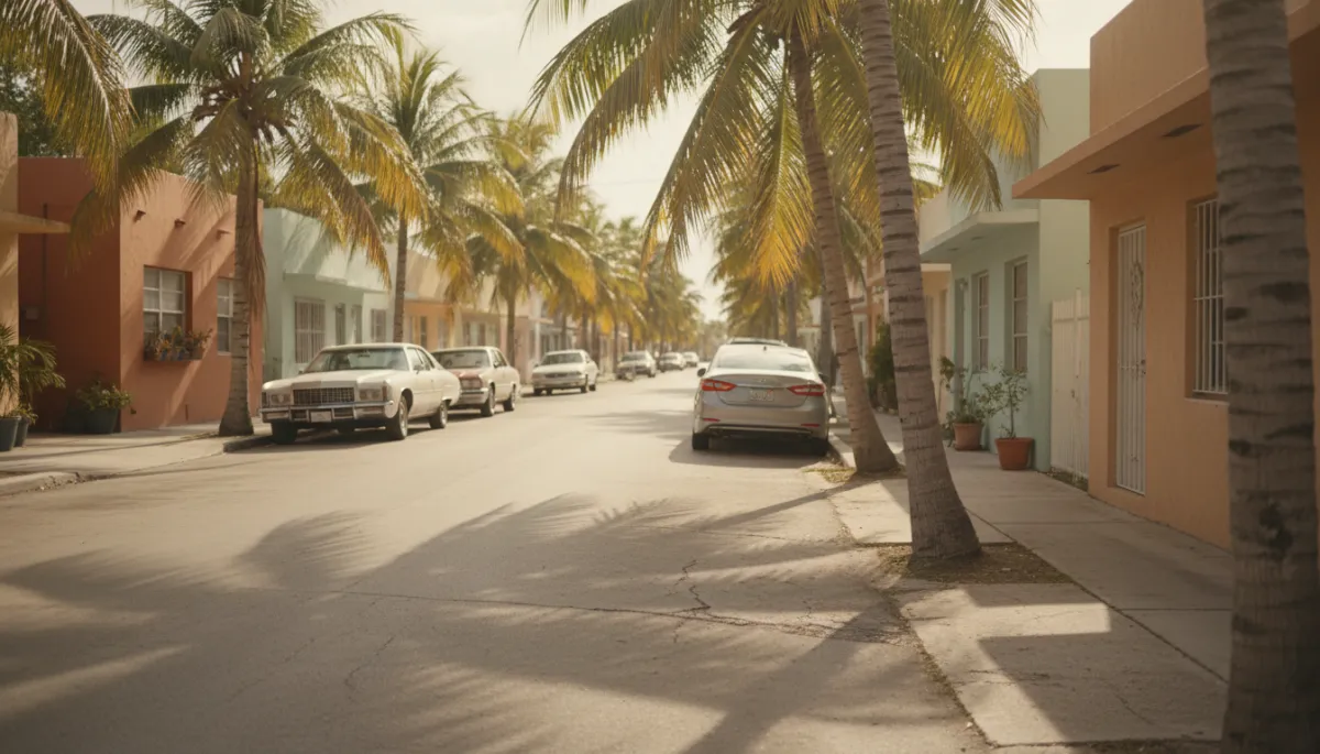 Miami Flagami neighborhood street with parked cars and palm trees under warm golden-hour sunlight