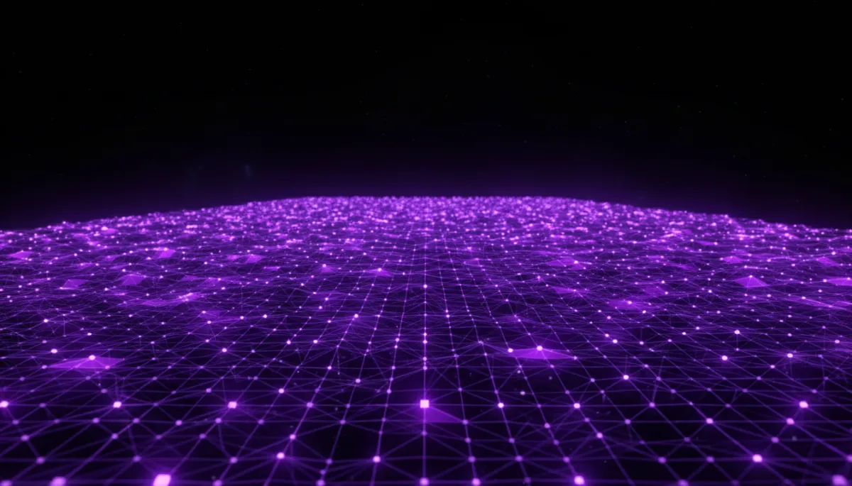Abstract digital geometric grid in deep purple and electric violet representing AI for content creators
