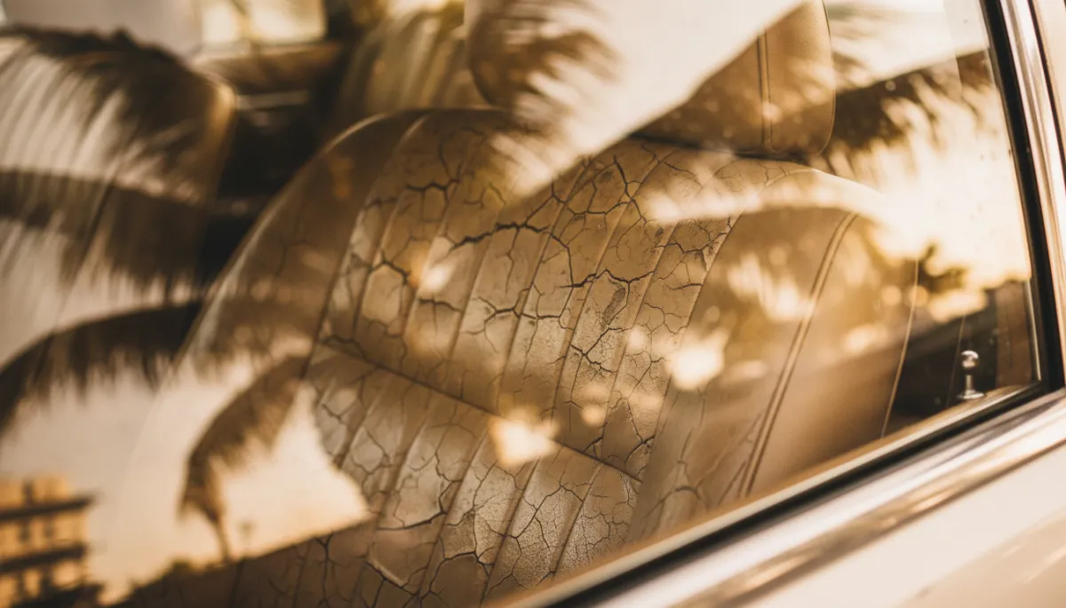 Sun-faded cracked leather car seat interior with Miami palm tree reflections in the window glass