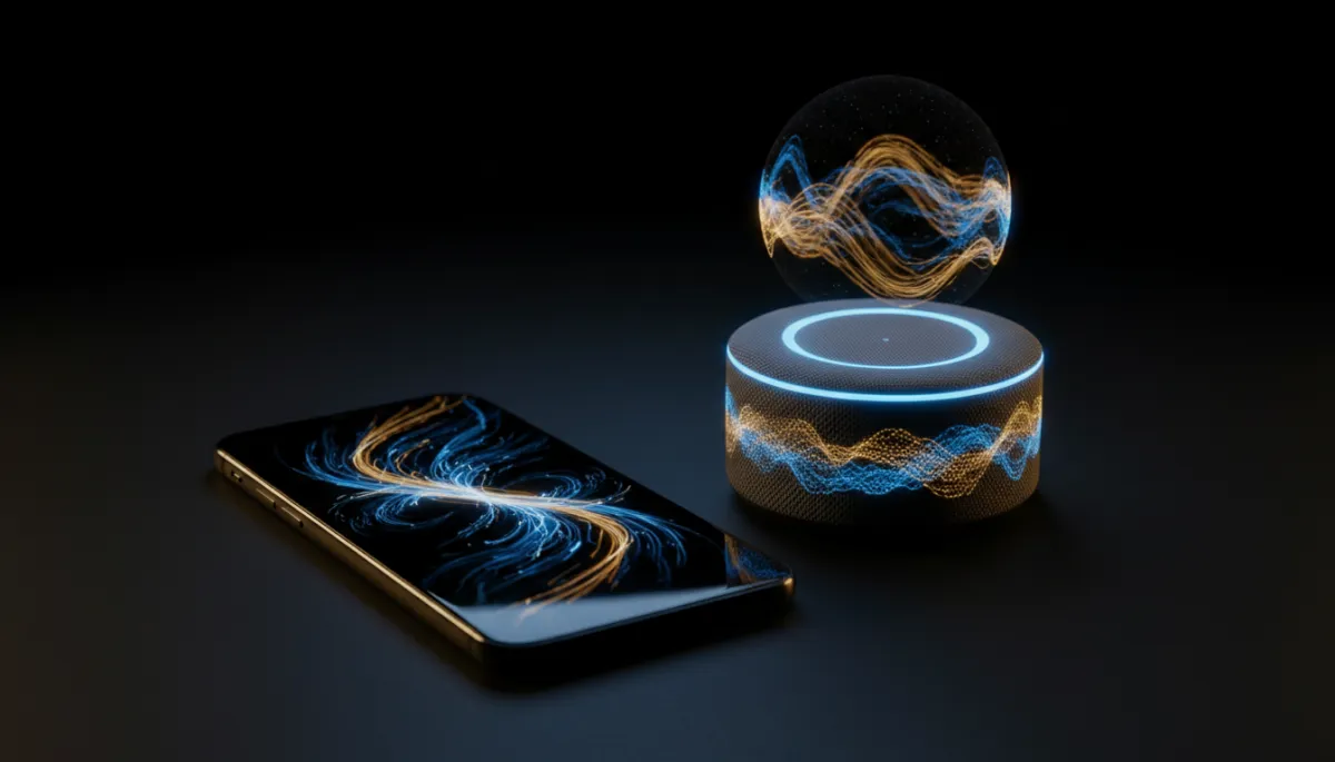 AI voice technology smartphone and smart speaker with glowing blue sound waves for local business automation