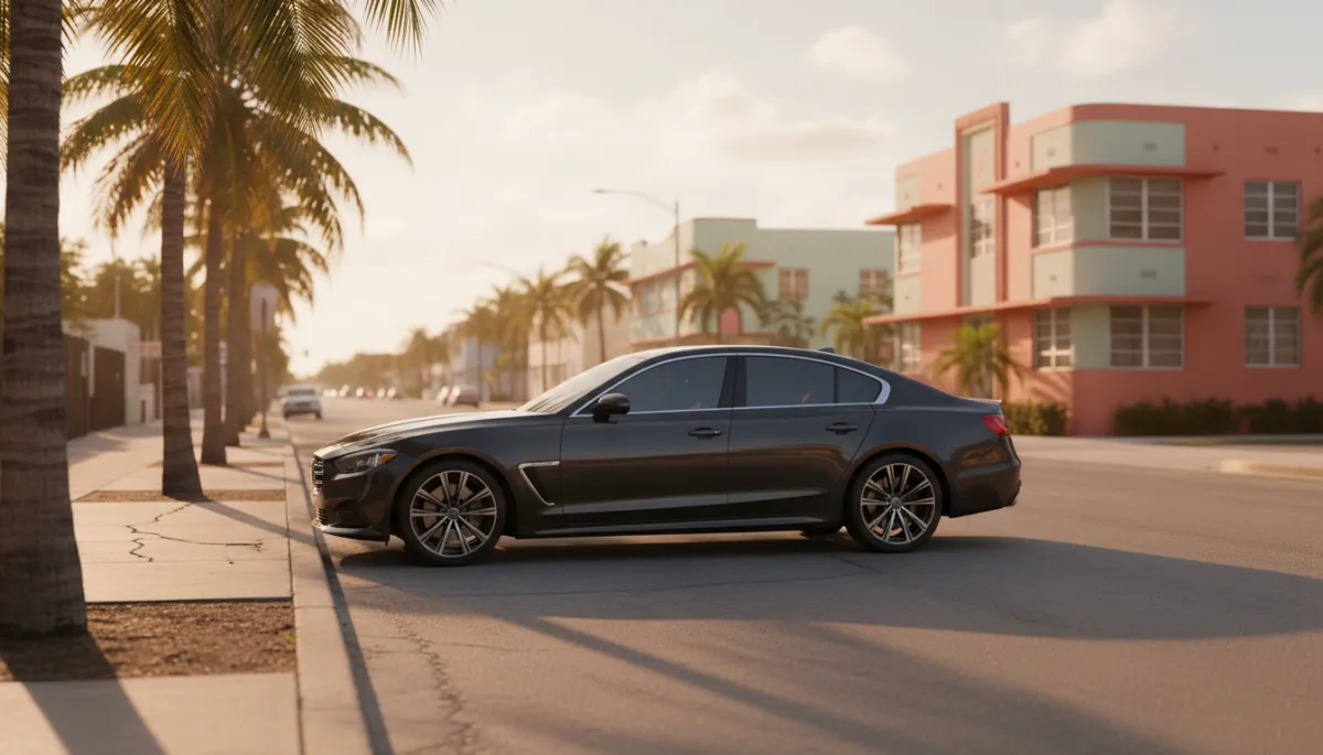 Miami Flagami palm tree street dark sedan ceramic window tinting no people