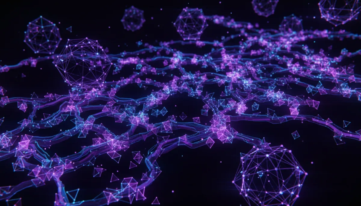 Abstract AI neural network visualization with glowing nodes in deep purple and electric violet — AI content strategy for creators