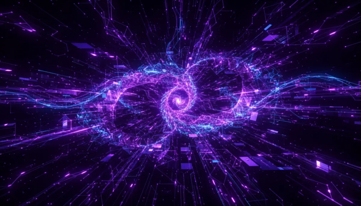 Abstract AI neural network visualization in deep purple and electric violet — AI content creation strategy