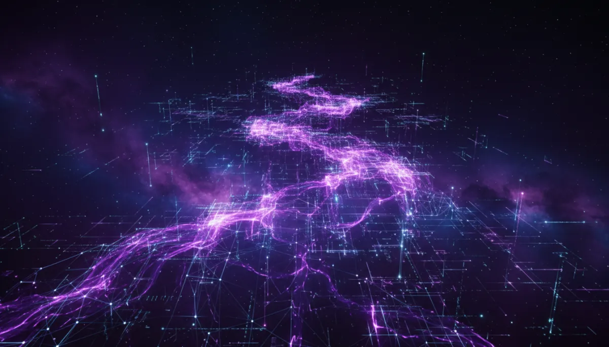 Abstract AI digital flow visualization in deep purple and electric violet — AI content automation