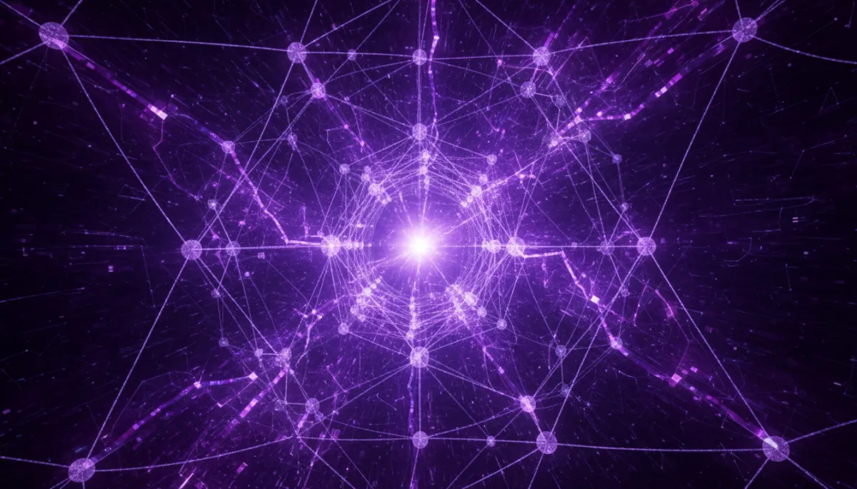 Abstract AI neural network data visualization with deep purple and electric violet geometric patterns representing the AI creator economy and content creator workflow