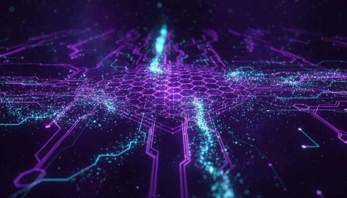 Abstract AI data stream visualization in deep purple and electric violet β AI tools for content creators