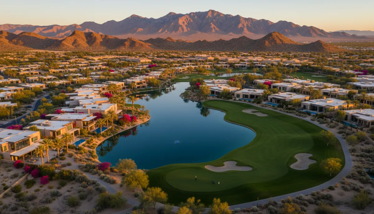 Aerial view of luxury community at Lake Las Vegas at sunset — Henderson Nevada