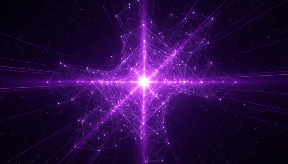 Abstract AI data flow with deep purple and electric violet geometric patterns