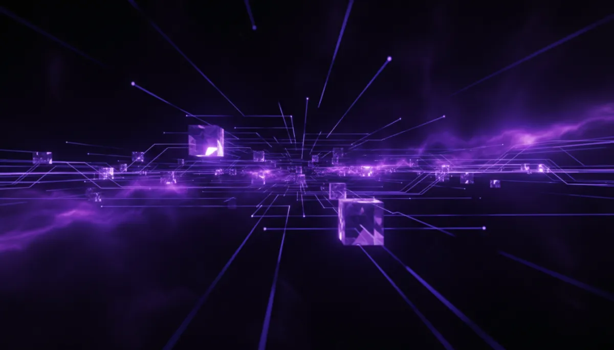 Abstract deep purple and electric violet digital technology flow with glowing geometric data nodes