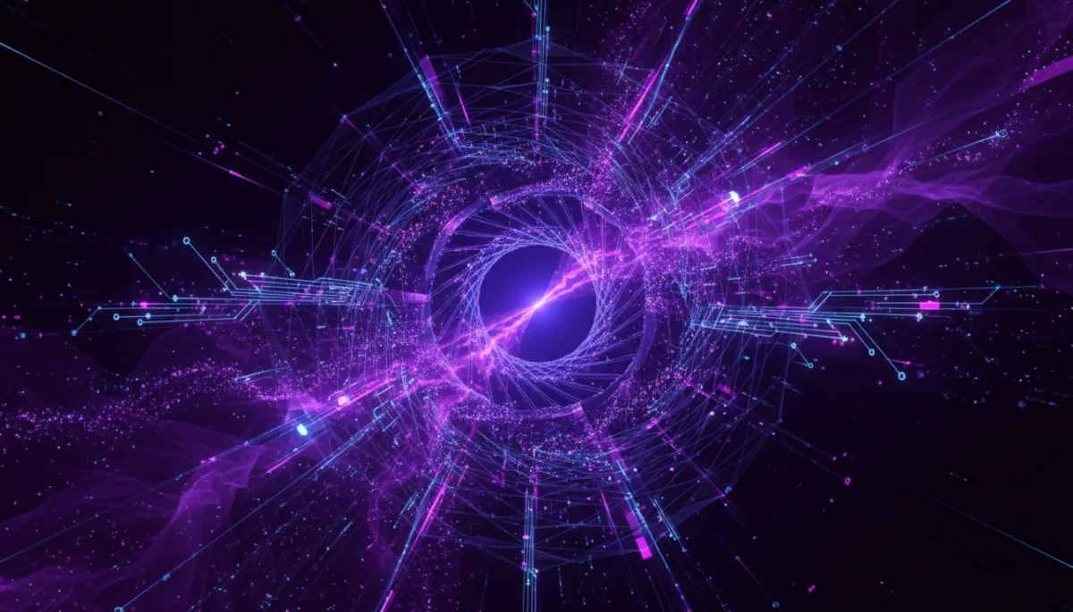 Abstract deep purple and electric violet digital flow representing AI-powered content creation in 2026